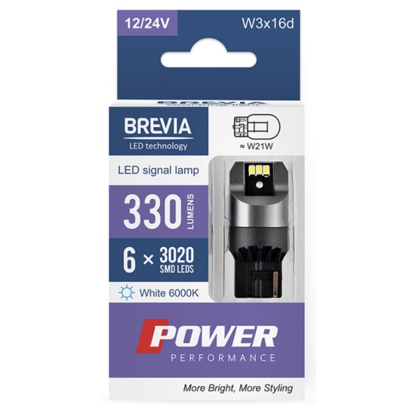 Фото - Автолампа Brevia Power W21W 330Lm 6x3020SMD 12/24V CANbus, 2шт. (10110X2)