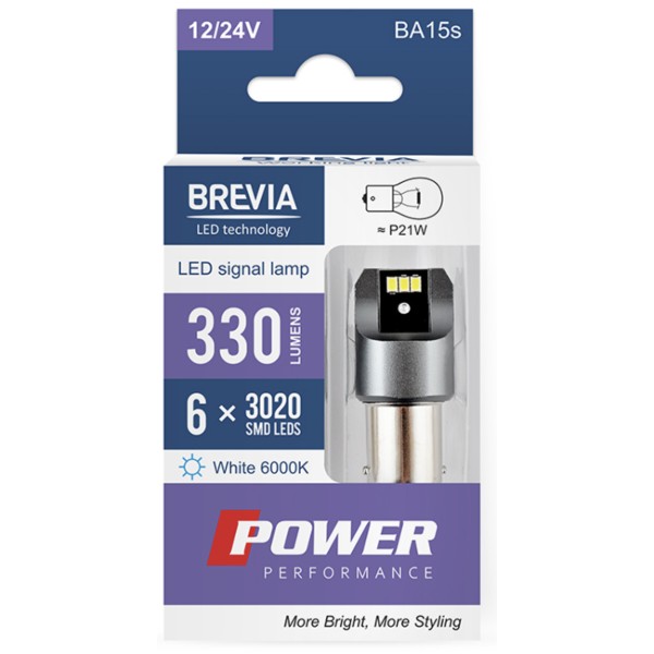 Фото - Автолампа Brevia Power P21W 330Lm 6x3020SMD 12/24V CANbus, 2шт. (10101X2)
