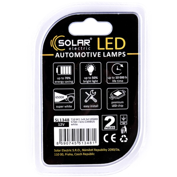 Фото - Автолампа Solar 12V T10 W2.1x9.5d 10SMD 5730 + lens CANBUS white 2 шт. (SL1348)