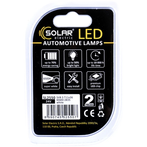 Фото - Автолампа Solar 24V SV8.5 T11x36 6SMD 2835 white 2 шт. (SL2550)