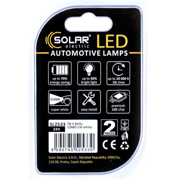 Фото - Автолампа Solar 24V T8.5 BA9s 1SMD 1W white 2 шт. (SL2533)