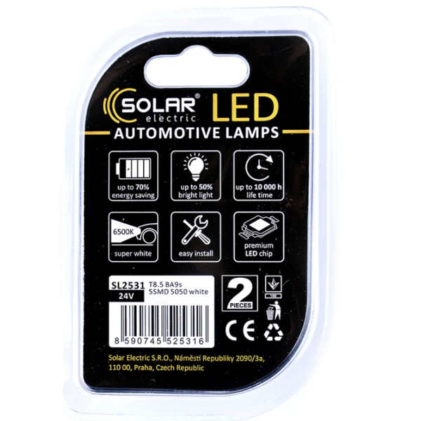 Фото - Автолампа Solar 24V T8.5 BA9s 5SMD 5050 white 2 шт. (SL2531)