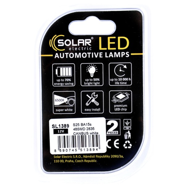 Фото - Автолампа Solar 12V S25 BA15s 48SMD 2835 CANBUS white 2 шт.  (SL1389)