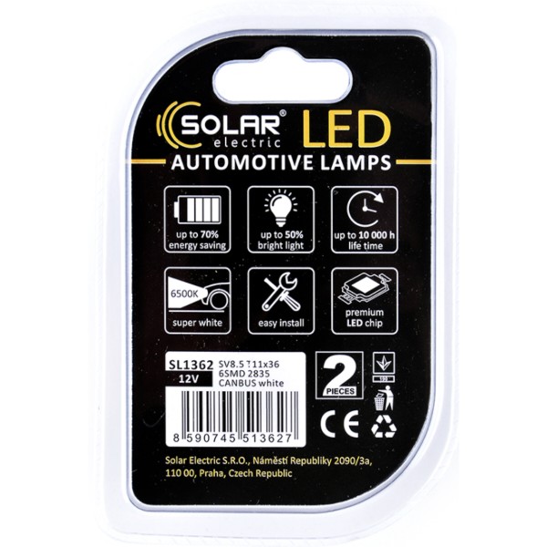 Фото - Автолампа Solar 12V SV8.5 T11x36 6SMD 2835 CANBUS white 2 шт. (SL1362)