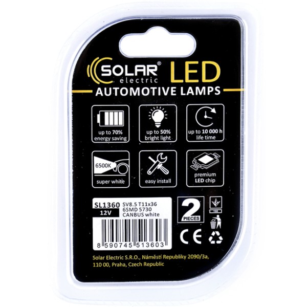 Фото - Автолампа Solar 12V SV8.5 T11x36 6SMD 5730 CANBUS white 2 шт. (SL1360)