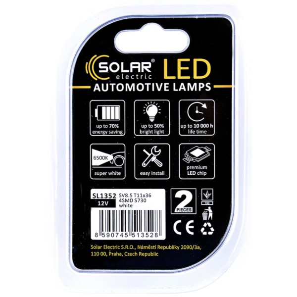 Фото - Автолампа Solar 12V SV8.5 T11x36 4SMD 5730 white 2 шт. (SL1352)