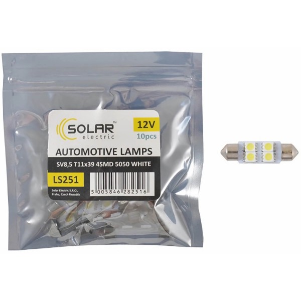 Фото - Автолампа Solar LED 12V SV8.5 T11x39 4smd 5050 white 10 шт. (LS251_P)