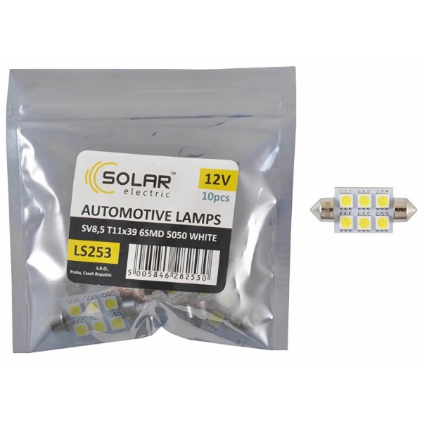 Фото - Автолампа Solar LED 12V SV8.5 T11x39 6smd 5050 white 10 шт. (LS253_P)