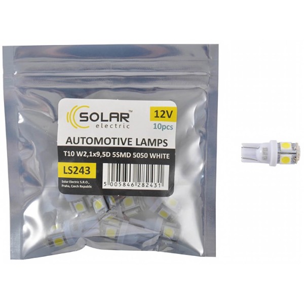 Фото - Автолампа Solar LED 12V T10 W2.1x9.5d 5smd 5050 white 10 шт. (LS243_P)
