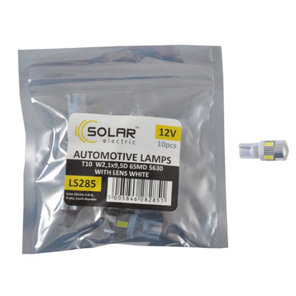 Фото - Автолампа Solar LED 12V T10 W2.1x9.5d 6SMD 5630 with lens white 10 шт. (LS285_P)