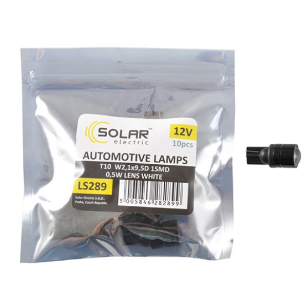 Фото - Автолампа Solar LED 12V T10 W2.1x9.5d 1SMD 0,5W with lens white 10 шт. (LS289_P)
