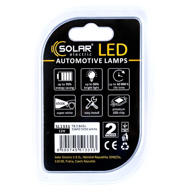 Фото - Автолампа Solar 12V T8.5 BA9s 5SMD 5050 white 2 шт. (SL1331)