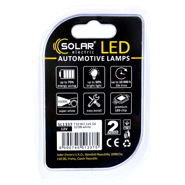 Фото - Автолампа Solar 12V T10 W2.1x9.5d 1COB white 2 шт. (SL1337)