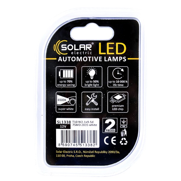 Фото - Автолампа Solar 12V T10 W2.1x9.5d 7SMD 2835 white 2 шт. (SL1338)