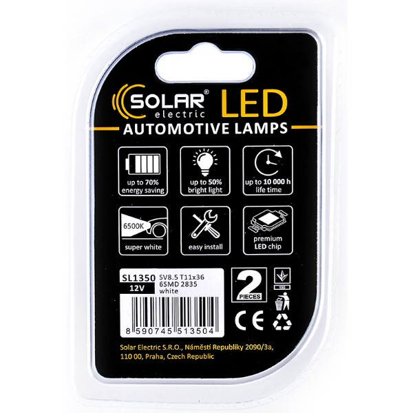 Фото - Автолампа Solar 12V SV8.5 T11x36 6SMD 2835 white 2 шт. (SL1350)