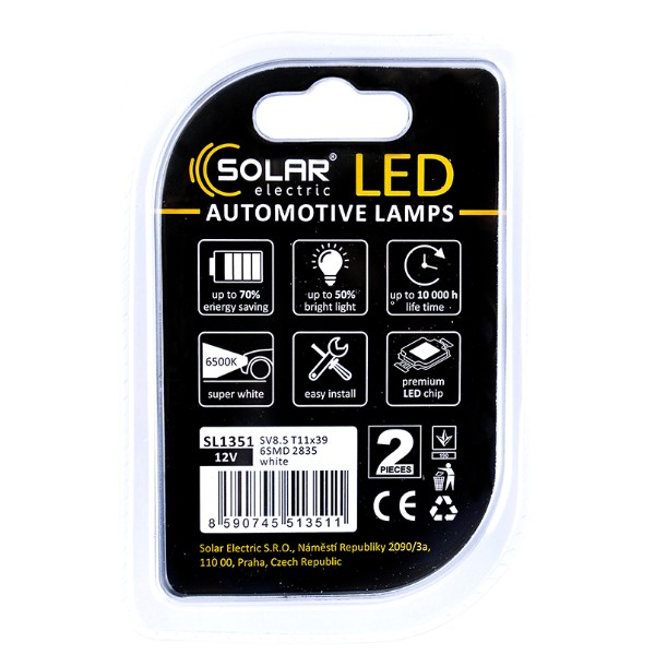 Фото - Автолампа Solar 12V SV8.5 T11x39 6SMD 2835 white 2 шт. (SL1351)