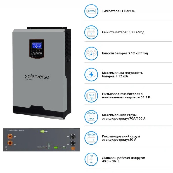 Фото - Система хранения энергии Solarverse SV-1SV5K2-LEC5K1-1 (1ф, 5 кВт, 51.2 В, 5.12 кВт, LiFePO4)
