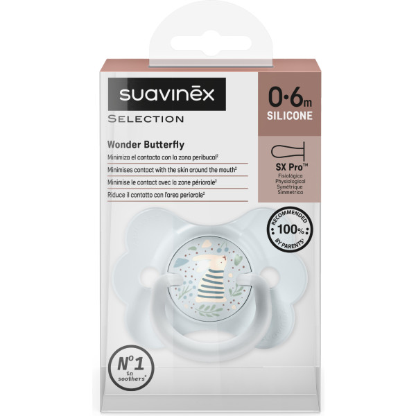 Фото - Симетрична пустушка Suavinex фізіологічна у формі метелика 0-6 міс Wonderland світло-блакитна з малюнком (309432)