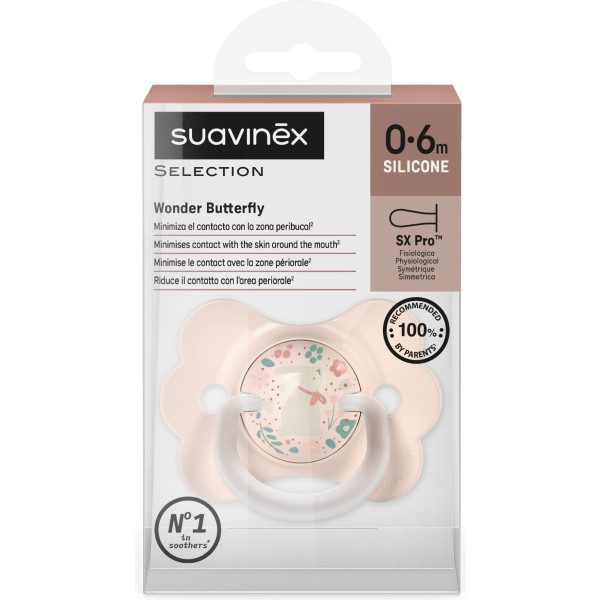 Фото - Симетрична пустушка Suavinex фізіологічна у формі метелика 0-6 міс Wonderland світло-рожева з малюнком (309433)