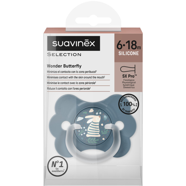 Фото - Симетрична пустушка Suavinex фізіологічна у формі метелика 6-18 міс Wonderland синя з малюнком (309441)
