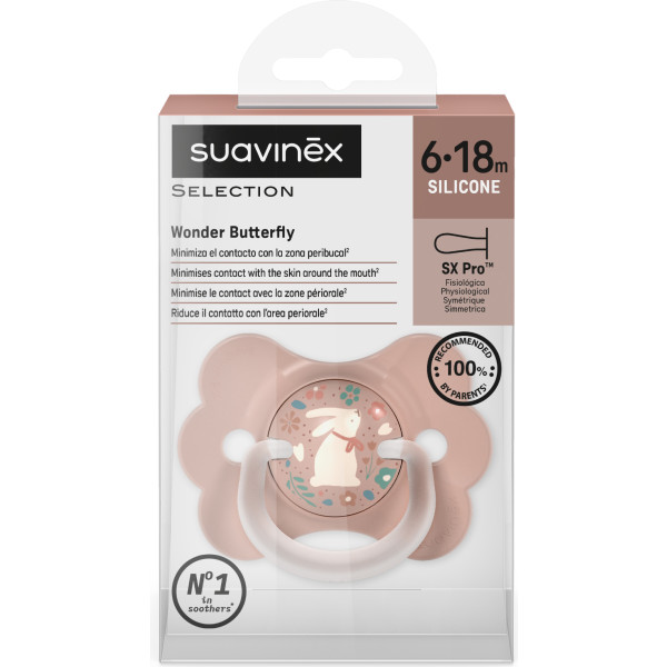 Фото - Симетрична пустушка Suavinex фізіологічна у формі метелика 6-18 міс Wonderland рожева з малюнком (309442)