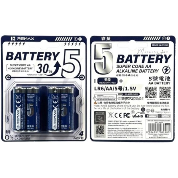 Фото - Элемент питания тип 9V/6LR61 Remax Super Core LR6/AA Alkaline Battery 4 шт. (6954851262985)