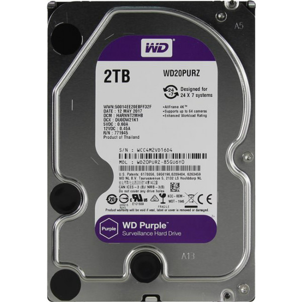 Фото - Жорсткий диск внутрішній Western Digital Purple 2TB 64MB 5400rpm 3.5 SATA III (WD20PURZ)