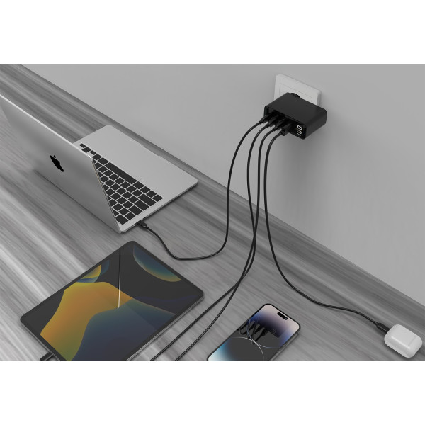 Фото - Мережевий зарядний пристрій Gembird 1xUSB-A (QC3.0 30W)+3xType-C (PD 100W) Black (TA-UC-PDQC100LCD-01-BK)
