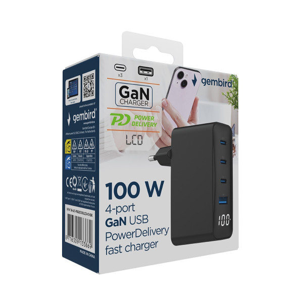 Фото - Мережевий зарядний пристрій Gembird 1xUSB-A (QC3.0 30W)+3xType-C (PD 100W) Black (TA-UC-PDQC100LCD-01-BK)