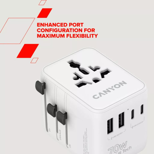 Фото - Сетевое зарядное устройство Canyon OnTour 70 Travel Adapter EU/UK/US/AUS 70W White (CNS-TA70W1006W)