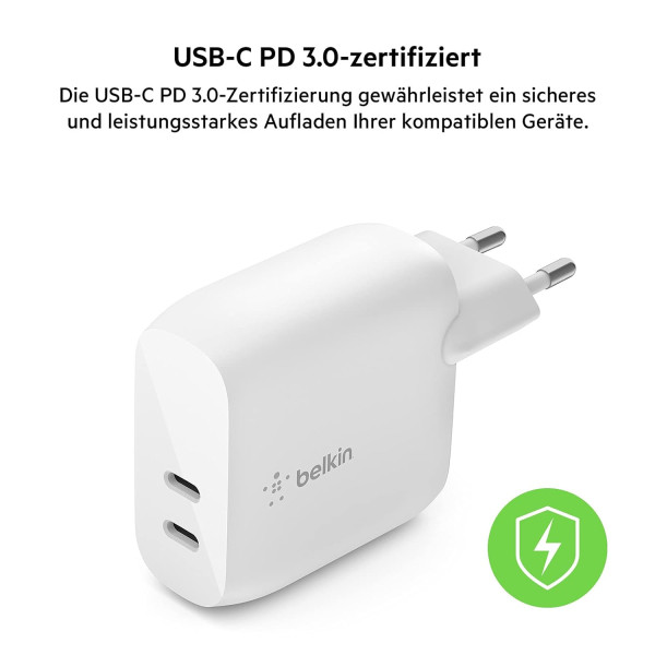 Фото - Мережевий зарядний пристрій Belkin 40Вт 2хUSB-С PD White (WCB006VFWH)