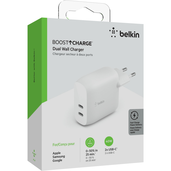 Фото - Мережевий зарядний пристрій Belkin 40Вт 2хUSB-С PD White (WCB006VFWH)
