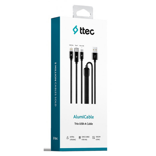 Фото - Кабель синхронізації даних Ttec AlumiCable Trio USB Type-C - USB Type-A - Lightning - micro USB (M/M) 1 м Black (2DK39S)