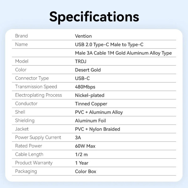 Фото - Кабель Vention USB Type-C - USB Type-C (M/M), 60W, 3A, 2m Copper (TRDJH)