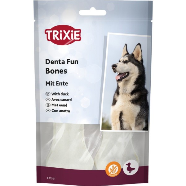 Фото - Ласощі для собак Trixie Denta Fun Duck Chewing Bones Кісточка для чищення зубів з качкою 10 см 70 г/2 шт. (4011905313917)