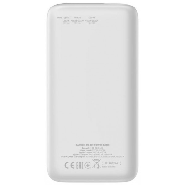 Фото - Батарея мобільна Canyon PPB-301 30000 mAh PD QC White (CNE-CPB301W)