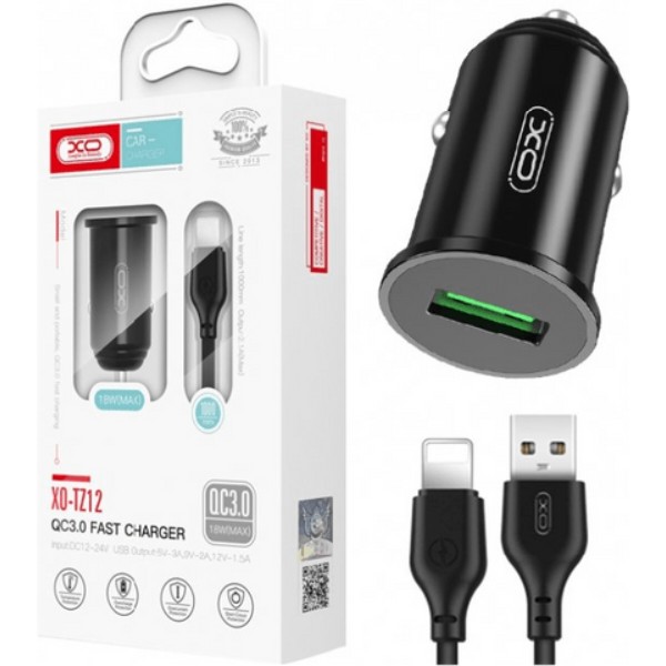 Фото - Автомобильное зарядное устройство XO 18W/1 USB QC 3.0 + Lightning Black (TZ12-L-BK)
