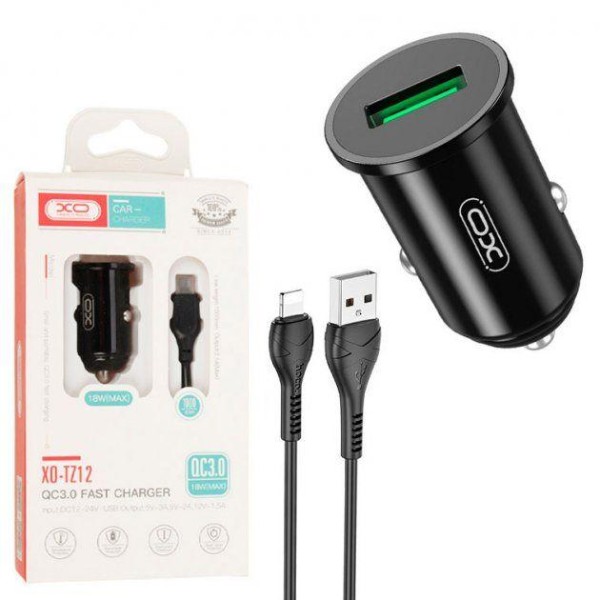 Фото - Автомобильное зарядное устройство XO 18W/1 USB QC 3.0 + Lightning Black (TZ12-L-BK)