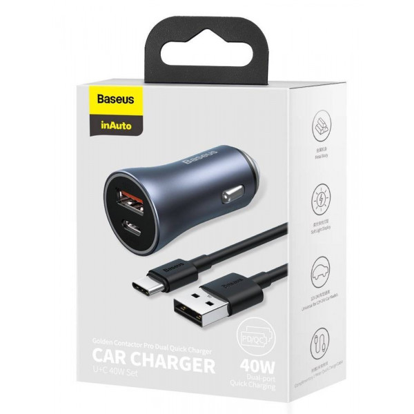 Фото - Автомобільний зарядний пристрій Baseus Golden Contactor Pro Dual Quick Charger Car USB/Type-C 5A 1 m Dark Gray (TZCCJD-0G)
