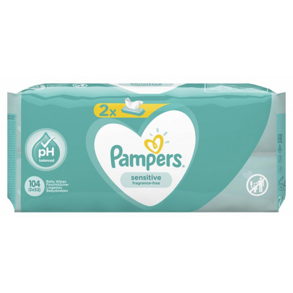Фото - Вологі серветки для немовлят Pampers Sensitive, 2x52 шт. (81687191)