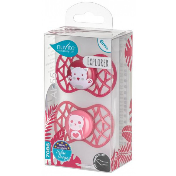 Фото - Ортодонтическая пустышка Nuvita Air55 Explorer 6m+ (кот, панда) 2 шт. (NV7086F)