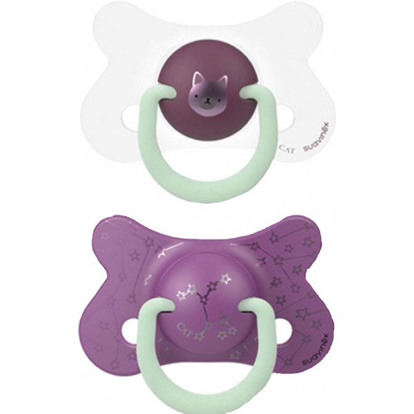 Фото - Анатомiчна пустушка Suavinex фізіологічна (набір 2 шт), 18+ місяців, нічна, фіолетовий кошеня (307013)