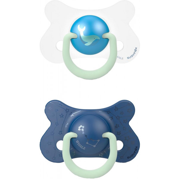 Фото - Анатомiчна пустушка Suavinex фізіологічна (набір 2 шт), 18+ місяців, нічна, синій кит (307011)