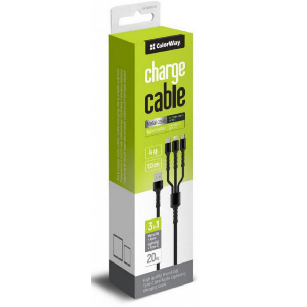 Фото - Кабель Colorway USB 2.0 AM to Lightning + Micro 5P + Type-C 4.0A (20W) (CW-CBU3003-GR)