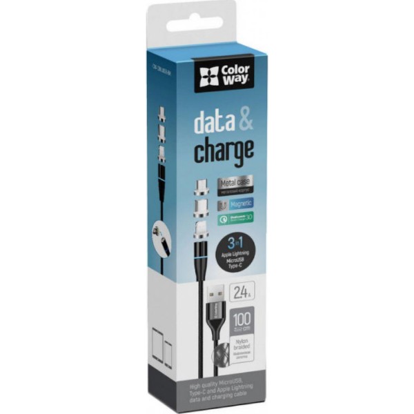 Фото - Кабель Colorway USB - 3в1 (Lightning+MicroUSB+Type-C) Magnetic Data/Quick Charge 2.4А 1 м Black (CW-CBUU038-BK)