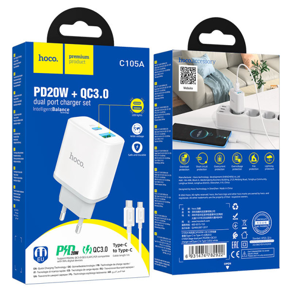 Фото - Сетевое зарядное устройство HOCO C105A PD20W+QC3.0 charger set Type-C (EU) White (6931474782922)