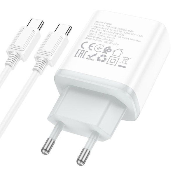 Фото - Сетевое зарядное устройство HOCO C105A PD20W+QC3.0 charger set Type-C (EU) White (6931474782922)