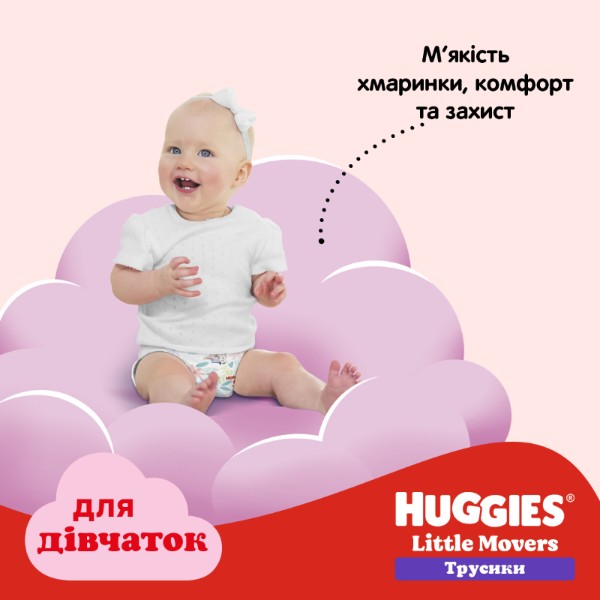 Фото - Одноразові підгузки-трусики Huggies Little Movers Розмір 5 (12-17 кг) для дівчаток, 96 шт. (5029054568170)