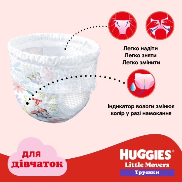 Фото - Одноразові підгузки-трусики Huggies Little Movers Розмір 5 (12-17 кг) для дівчаток, 96 шт. (5029054568170)