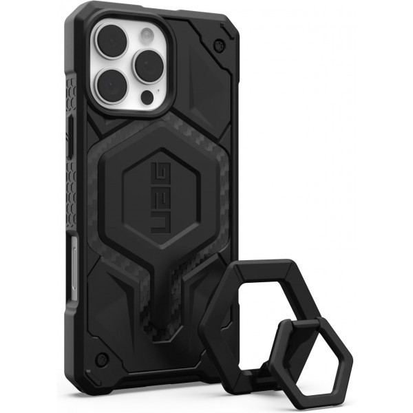 Фото - Чехол для смартфона UAG iPhone 16 Pro Max, Monarch Pro Magsafe, Carbon Fiber/Black Stand + магнитное кольцо-держатель (1144571BV01)